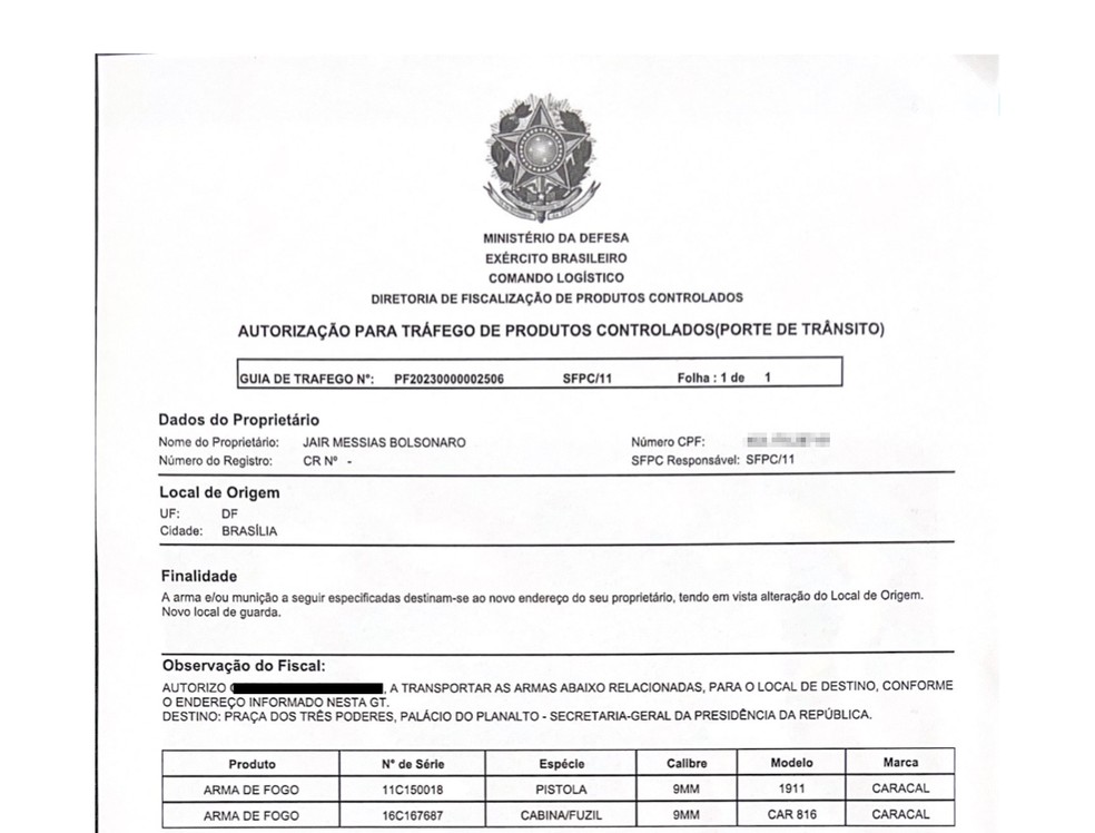 Guia emitida pelo Exército, autorizando o transporte das armas que Bolsonaro ganhou dos Emirados Árabes — Foto: Reprodução