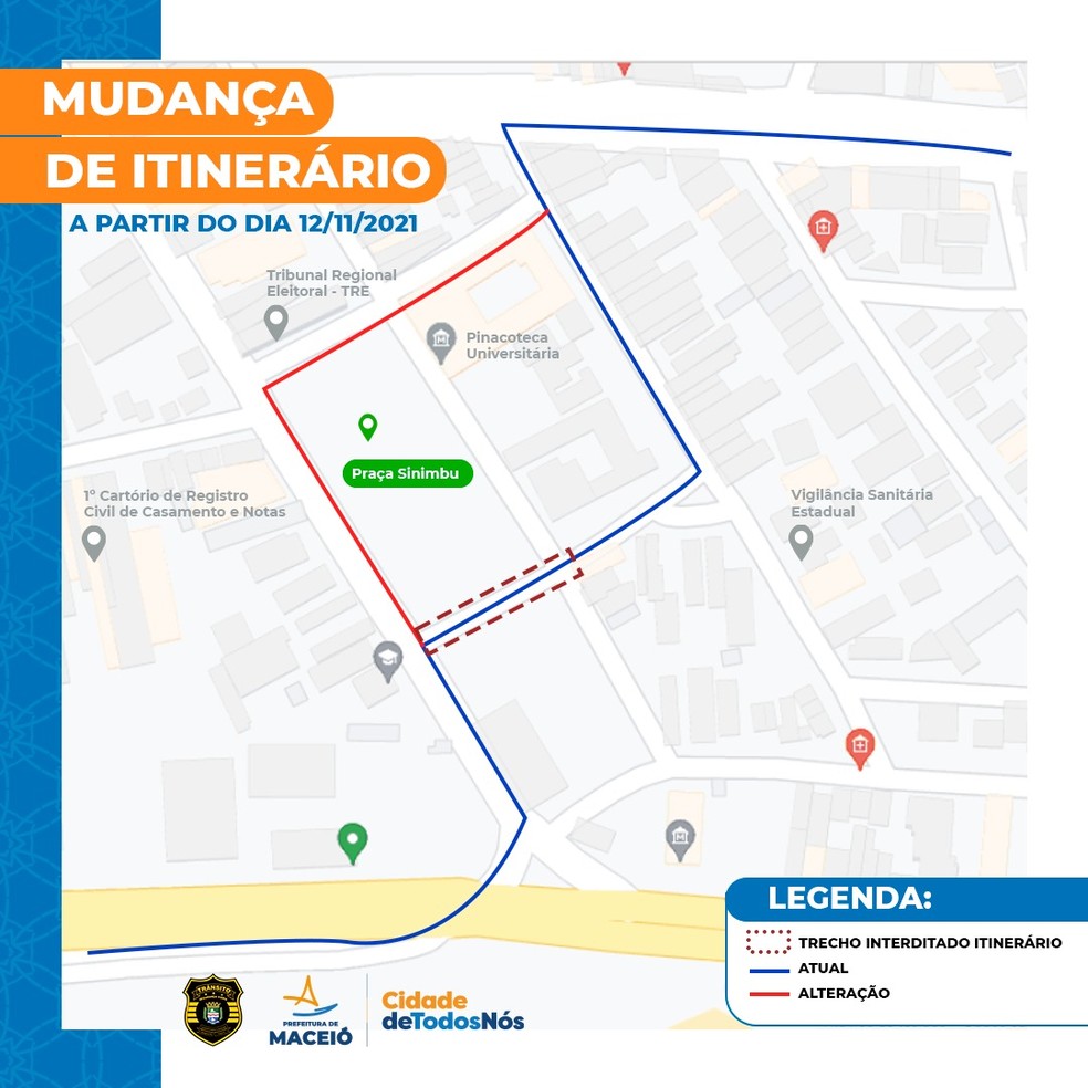 Mapa mostra a mudança no itinerário das linhas de ônibus de rua próxima a Praça Sinimbu, em Maceió — Foto: Secom Maceió