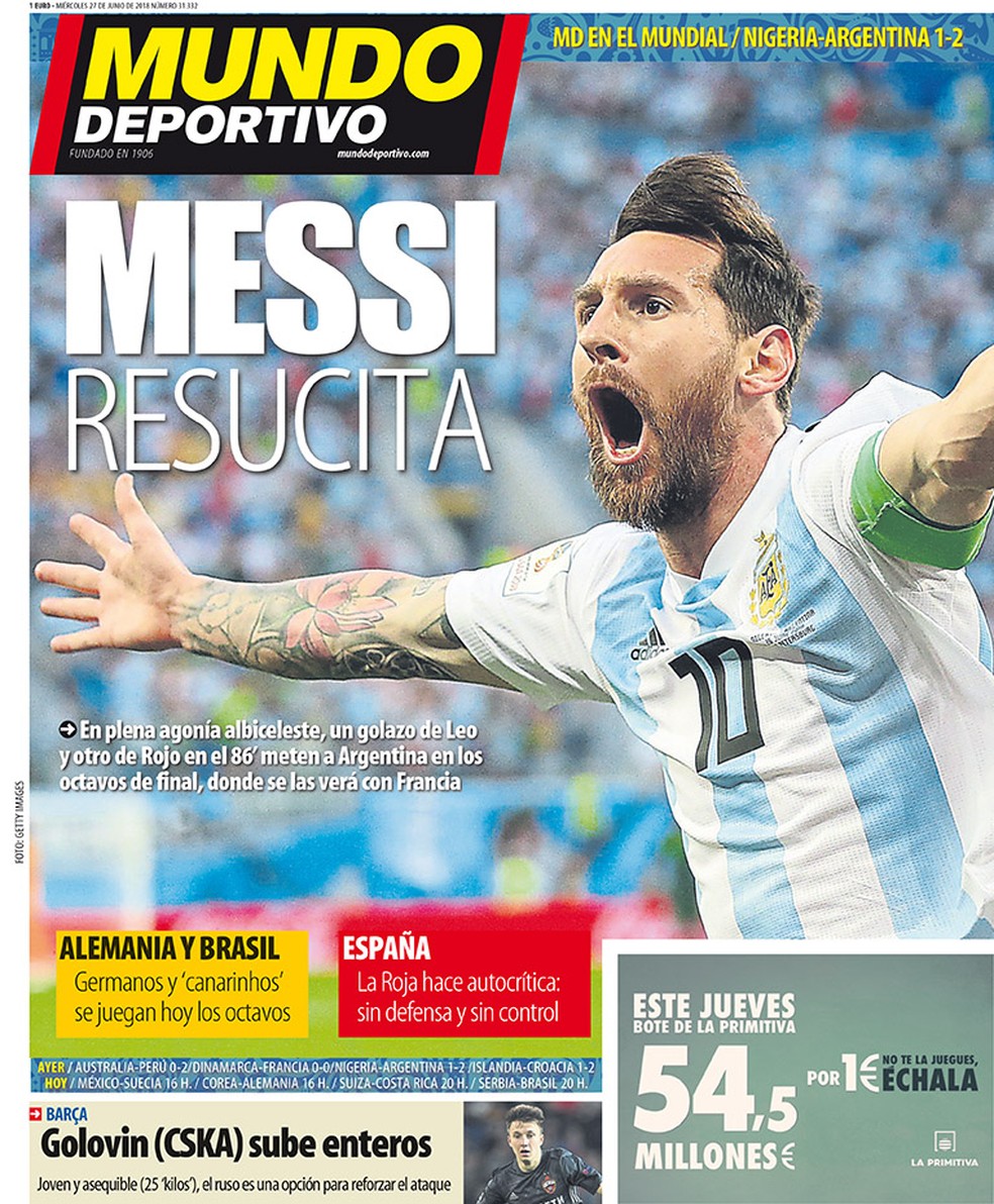 capa do mundo deportivo sobre classificaÃ§Ã£o da argentina (Foto: DivulgaÃ§Ã£o)
