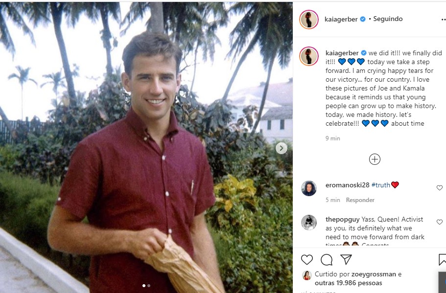 Kaya Gerber comemora vitória de Joe Biden e Kamala Harris (Foto: Reprodução Twitter e Reprodução Instagram)