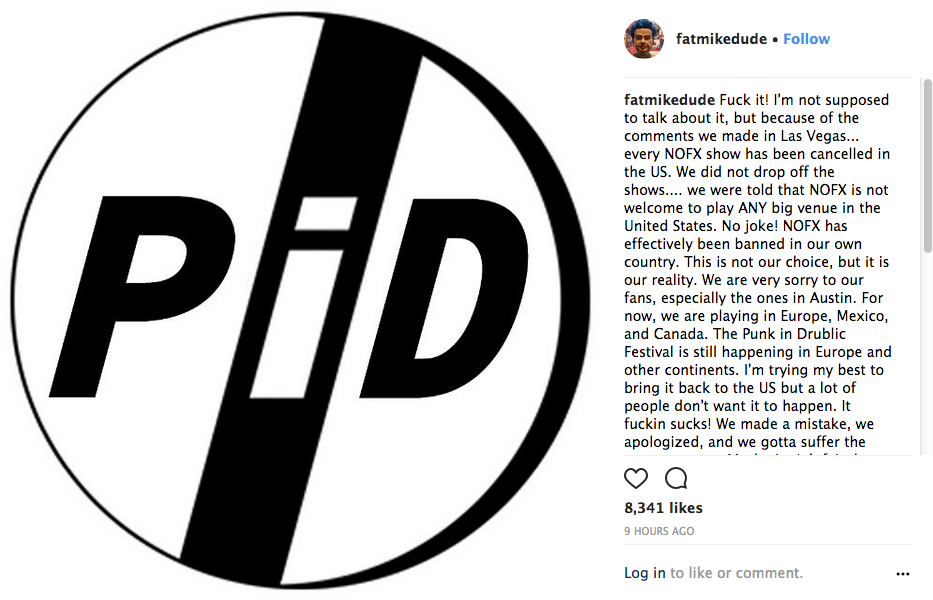 O post no qual o músico do NOFX anuncia o cancelamento dos shows da banda nos EUA (Foto: Instagram)