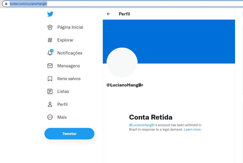 Twitter de Luciano Hang aparece como retido nesta quinta-feira (25) — Foto: Reprodução