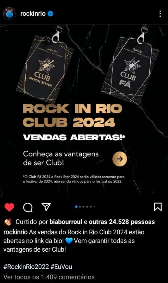 Rock in Rio: próxima edição do festival está confirmada para 2024 (Foto: Reprodução/Instagram)