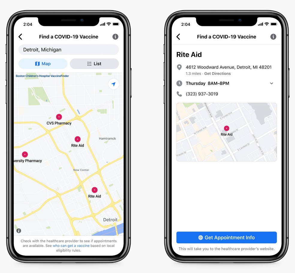 Ferramenta do Facebook mostra pontos de vacina��o. Por enquanto, recurso s� est� dispon�vel nos EUA. � Foto: Divulga��o/Facebook
