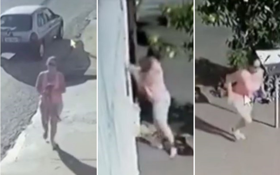 Mulher joga cachorro por grade de casa e sai correndo, em Anápolis — Foto: Reprodução/TV Anhanguera