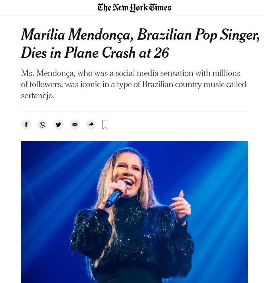 Imprensa internacional repercute morte de Marília Mendonça (Foto: Reprodução)