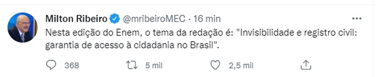 Enem 2021: tema da redação é 'invisibilidade e registro civil: garantia de acesso à cidadania no Brasil' - G1