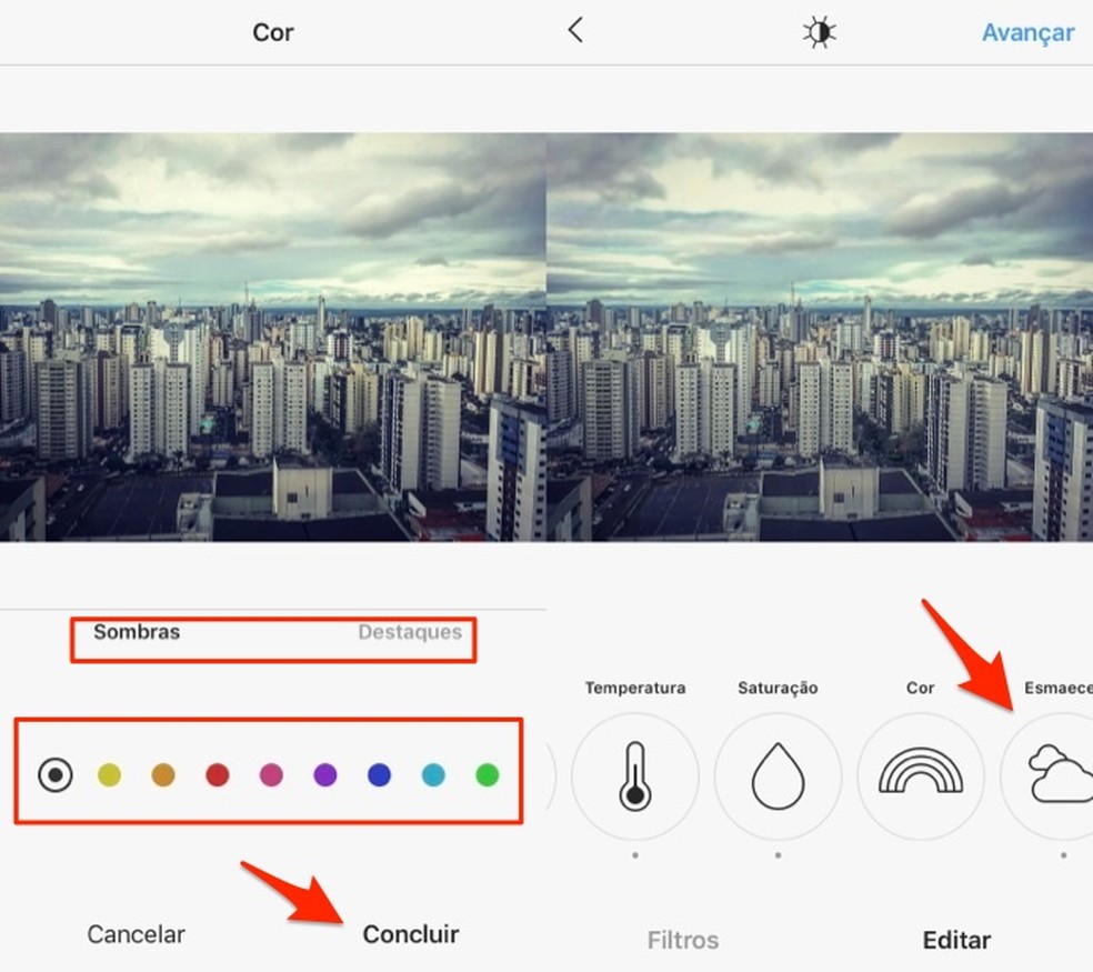 Opções de cores para sombras e destaques de uma foto na ferramenta de edição do Instagram (Foto: Reprodução/Marvin Costa)