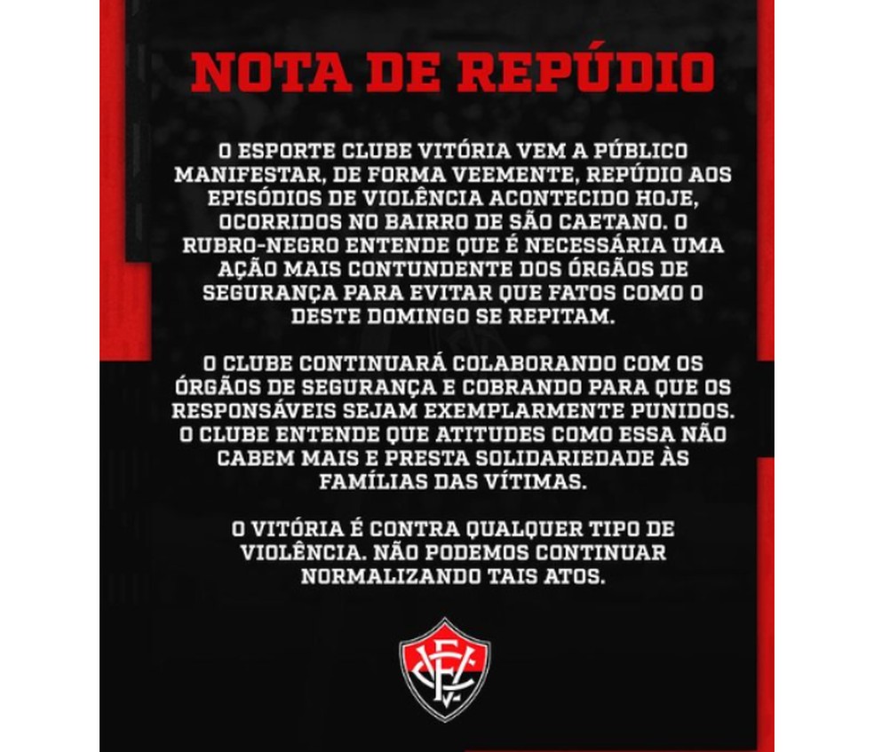 Nota de repúdio do Esporte Clube Vitória — Foto: Redes sociais