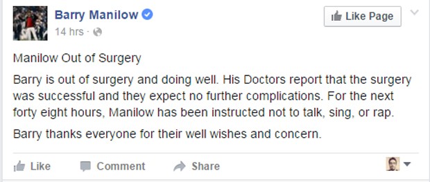 Post no Facebook oficial de Barry Manilow tranquiliza fãs sobre estado de saúde do cantor (Foto: Reprodução/Facebook)