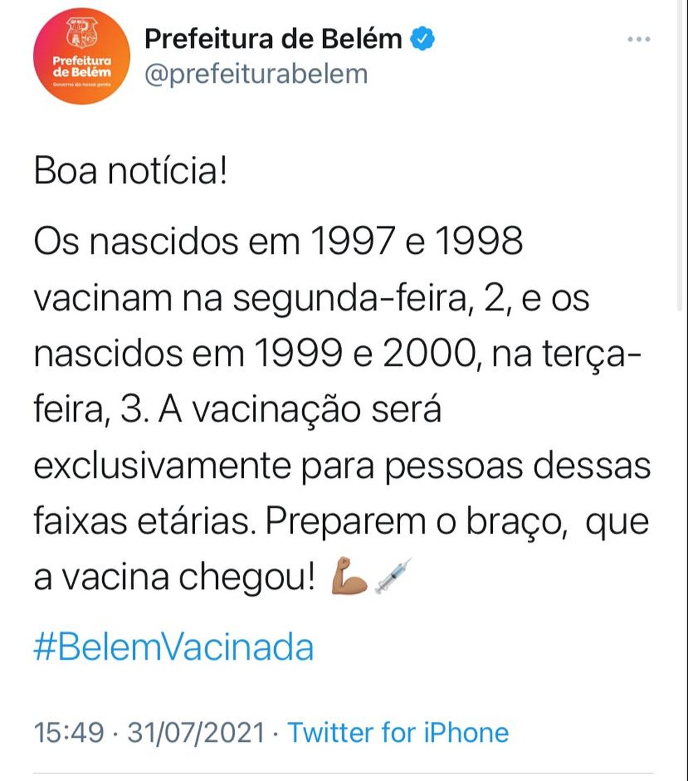 Campanha de vacinação avança em Belém — Foto: Reprodução/ Twitter