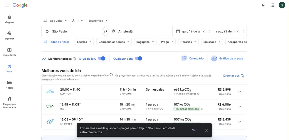 Alertas de preços são enviados ao e-mail do Google — Foto: Reprodução/Guilherme Ramos