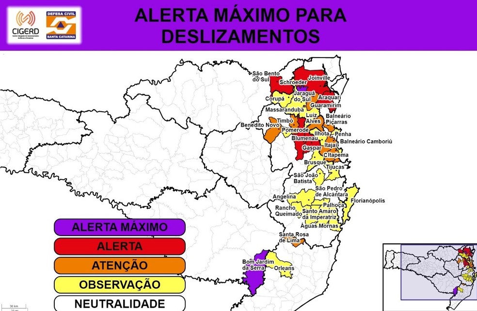 Defesa Civil de SC emite alerta máximo para deslizamentos em SC — Foto: Defesa Civil/Divulgação