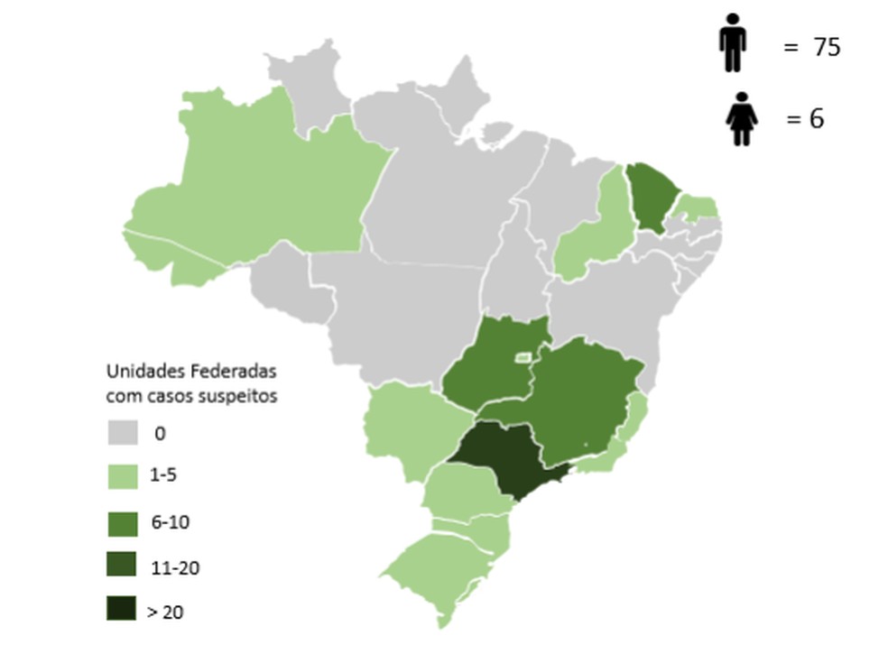 Distribuição dos casos suspeitos. — Foto: Ministério da Saúde/Divulgação