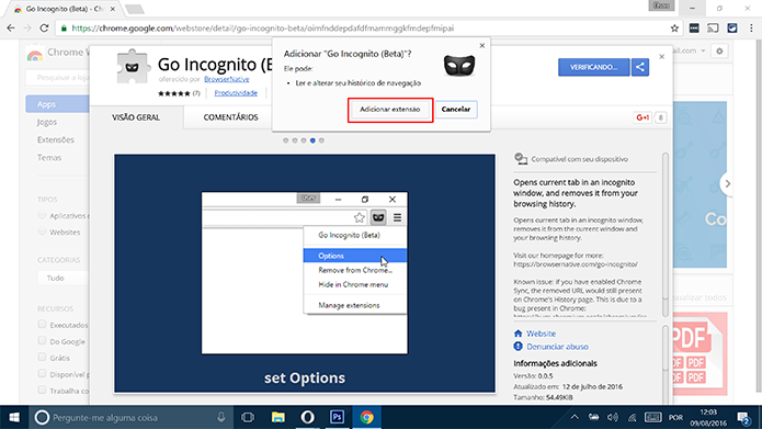 Google Chrome perguntará se usuário deseja mesmo adicionar o Go Incognito (Foto: Reprodução/Elson de Souza)