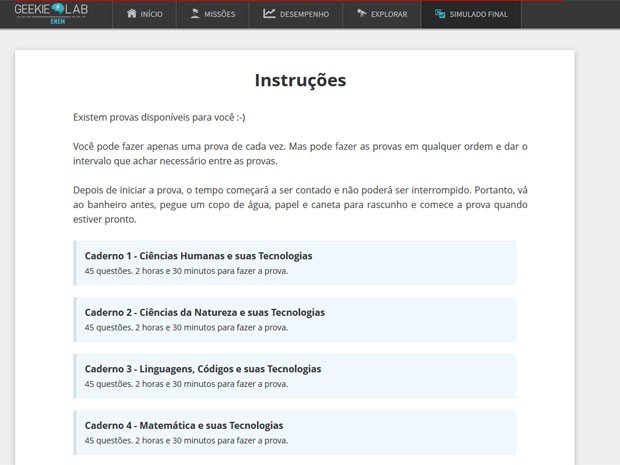 Candidato pode escolher uma das quatro áreas de conhecimento para começar o simulado (Foto: Reprodução/Geekie Games)