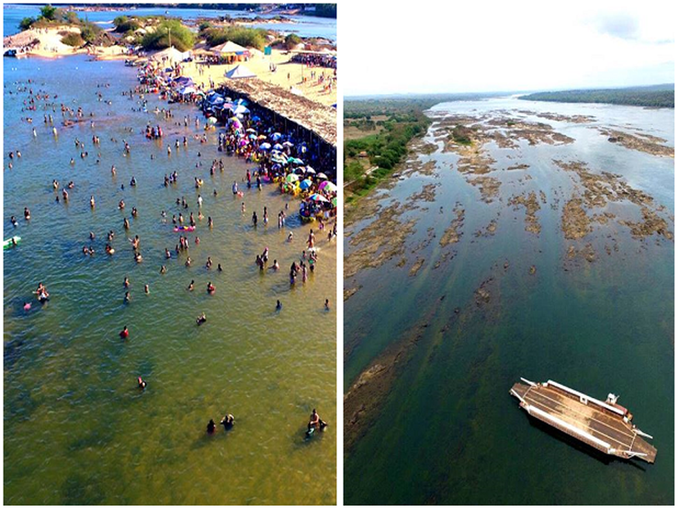 Imagens mostram o antes e depois do rio Tocantins (Foto: Montagem/G1)