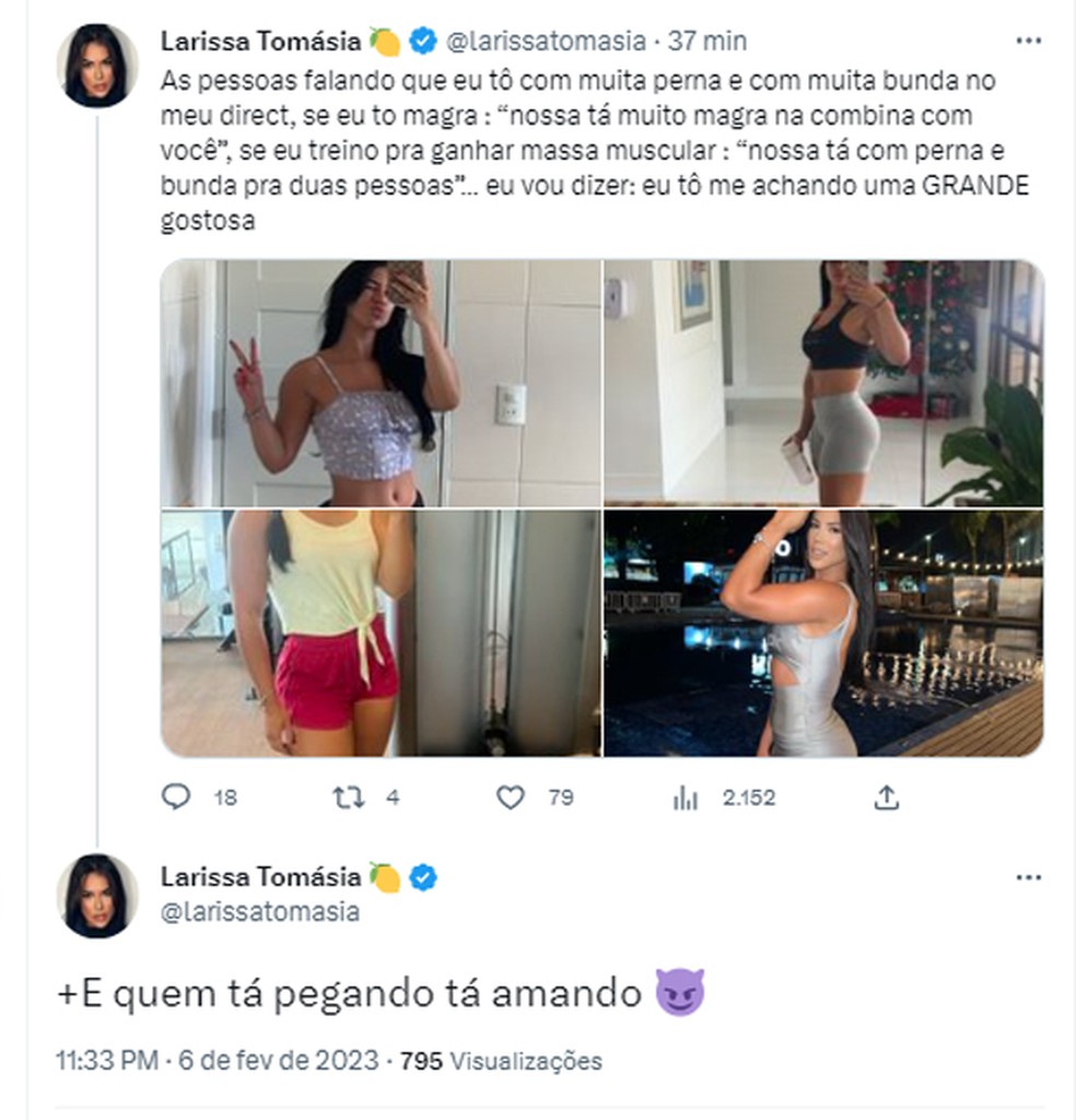 Ex-BBB Larissa Tom&aacute;sia alfineta cr&iacute;ticos &mdash; Foto: Reprodu&ccedil;&atilde;o/Twitter