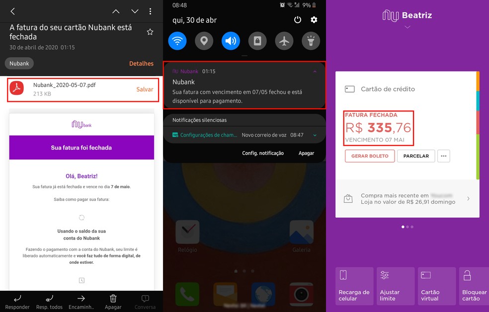 O Nubank indica quando a fatura foi fechada para pagamento — Foto: Reprodução/TechTudo