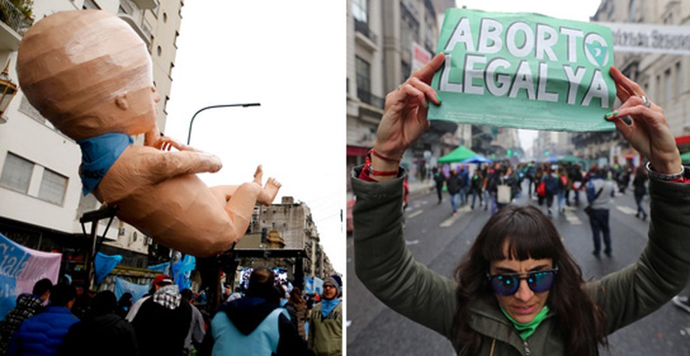Montagem mostra manifestações contra a descriminalização do aborto e a favor da medida — Foto: AP Foto / Natacha Pisarenko e  REUTERS/Marcos Brindicci