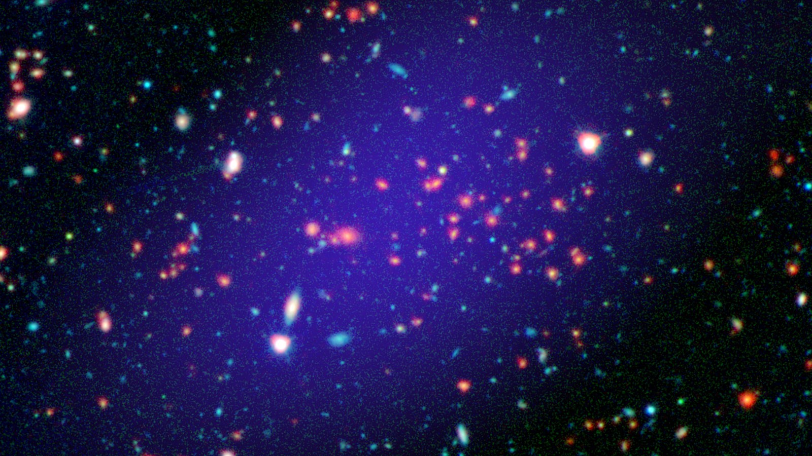 Aglomerado de galáxias identificado pela Nasa em 2015 (Foto: NASA/JPL-Caltech/Gemini/CARMA)
