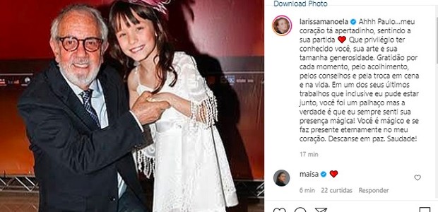 Larissa Manoela lamenta morte de Paulo José (Foto: Reprodução/Instagram)