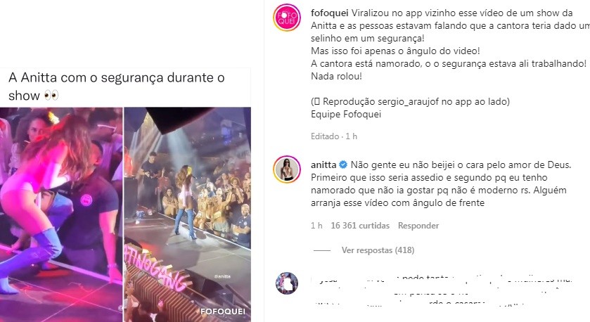 Anitta desmente que beijou segurança em show (Foto: Reprodução/ Instagram)