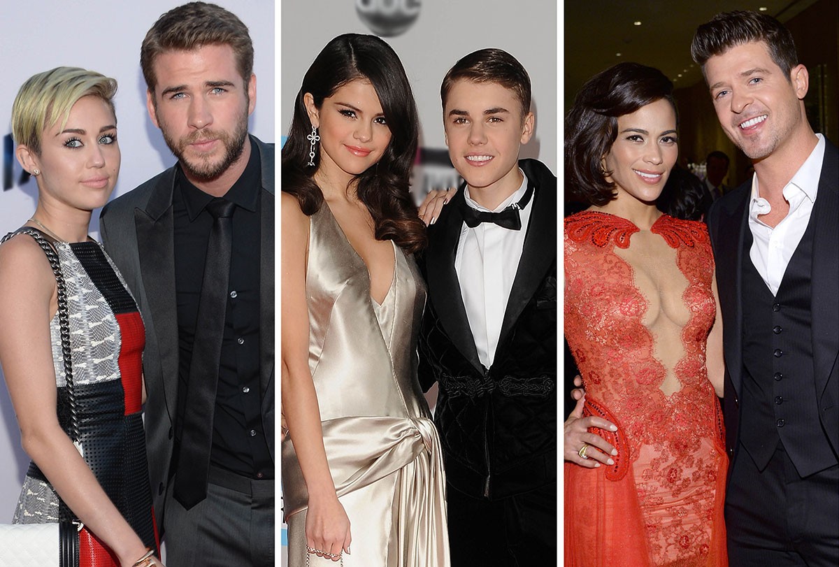 Miley Cyrus e LiamHemsworth; Selena Gomez e Justin Bieber; Paula Patton e Robin Thicke estão entre os casais que tiveram dificuldades para superar o término (Foto: Getty Images)