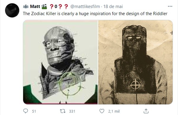 Um tuíte comparando o visual do Charada em The Batman ao retrato falado do assassino serial Zodíaco (Foto: Reprodução)