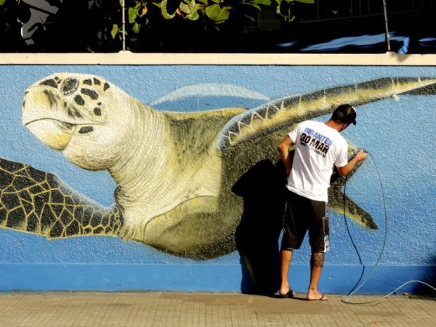 Artista Erick Wilson pinta murais com animais marinhos no país  (Foto: Fernando Bari)