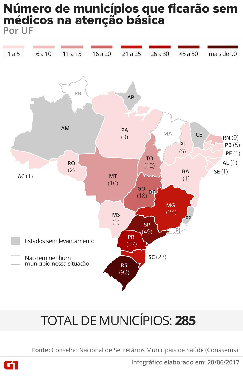 Número de municípios que ficarão sem médicos na atenção básica, por UF — Foto: Juliane Monteiro