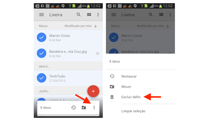 Iniciando o processo de exclusão dos arquivos da lixeira do Google Drive para Android (Foto: Reprodução/Marvin Costa)