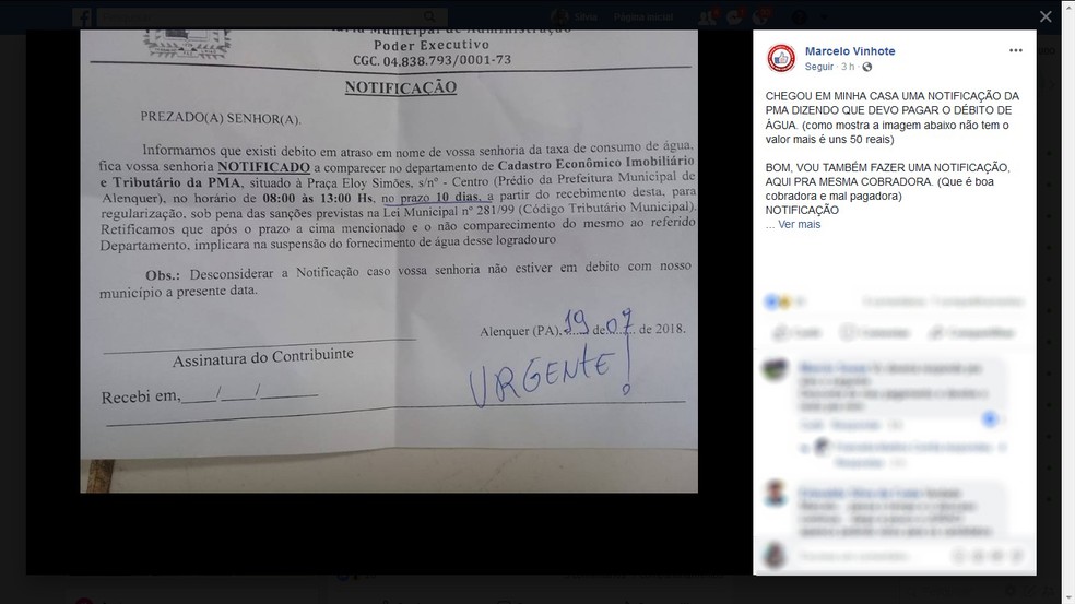 NotificaÃ§Ã£o feita Governo ao professor Marcelo Vinhote, de Alenquer, no ParÃ¡ (Foto: ReproduÃ§Ã£o/Facebook/Marcelo Vinhote)