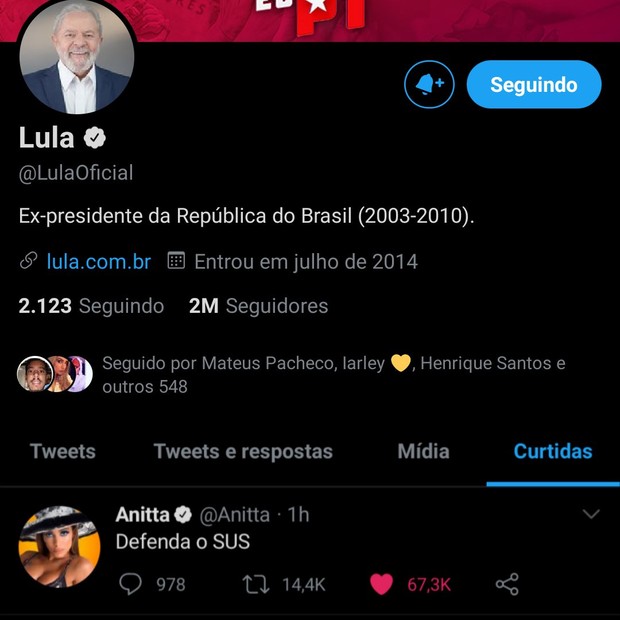 Anitta ganha curtida de Lula ao defender SUS (Foto: Reprodução/Twitter)
