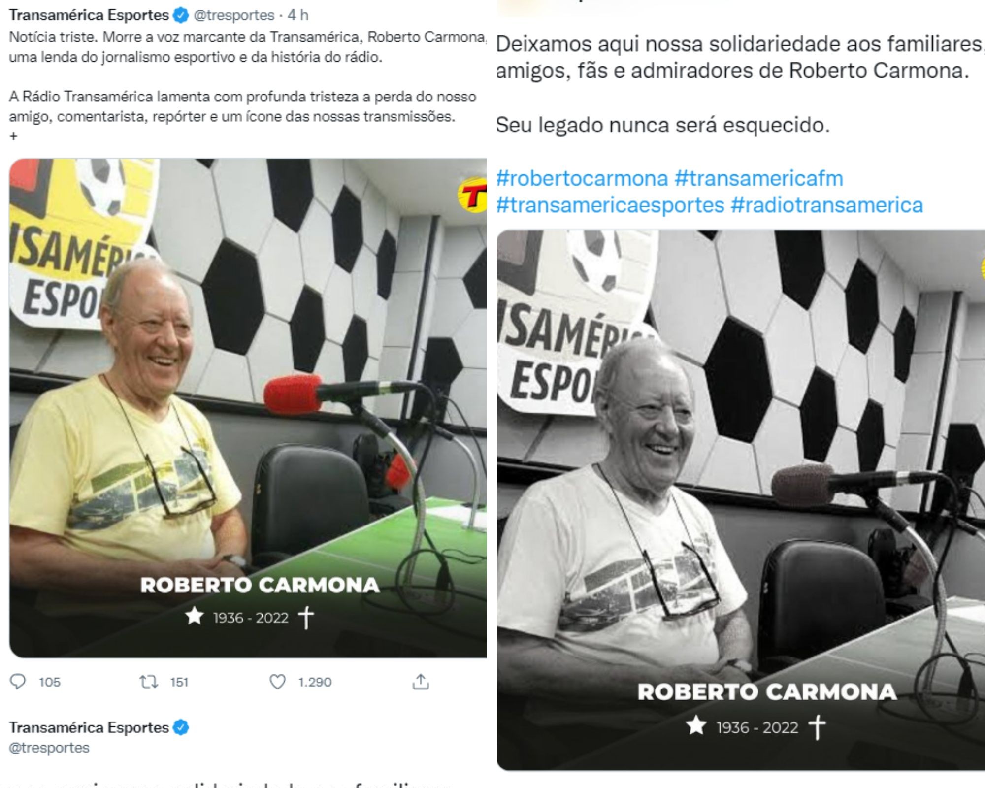 Roberto Carmona foi homenageado pela rede de rádio para a qual atuava (Foto: Reprodução/Twitter)