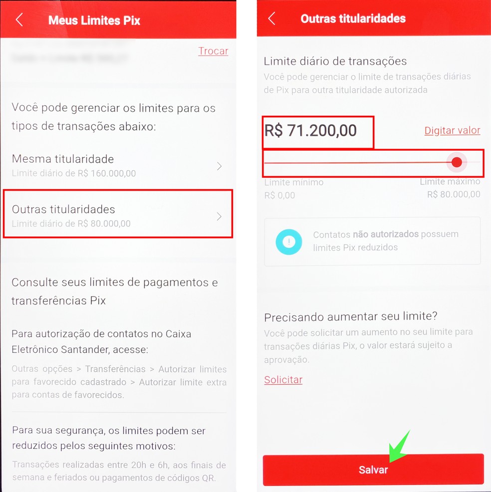 Também é possível determinar limite para transações entre titularidades diferentes no app do Santander — Foto: Reprodução/Rodrigo Fernandes