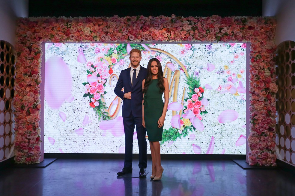EstÃ¡tua de cera de Meghan Markle Ã© apresentada no Madame Tussauds de Londres; Harry ganhou barba ruiva em sua estÃ¡tua, criada quando prÃ­ncipe estava com 30 anos  (Foto: Daniel LEAL-OLIVAS / AFP)