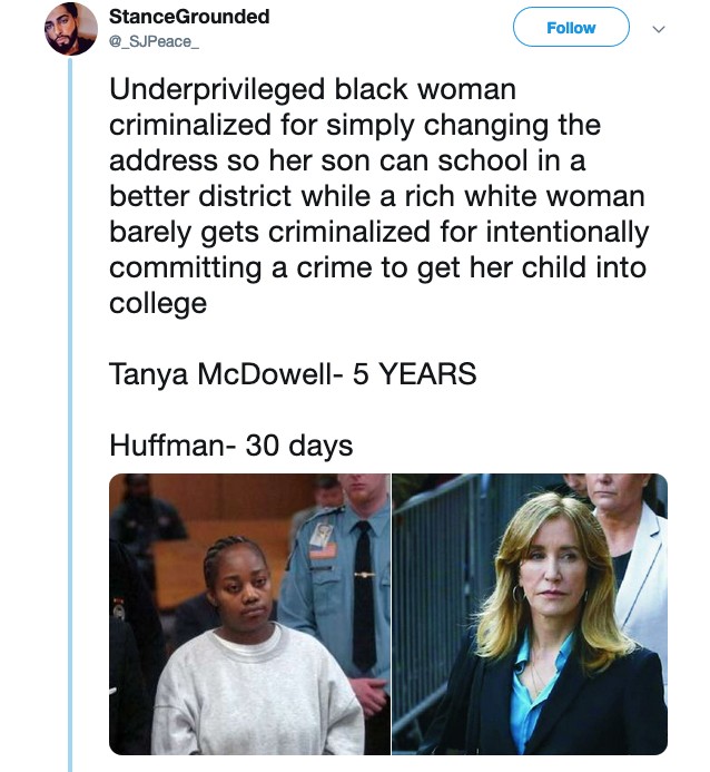 Uma pessoa inconformada nas redes sociais com a possível condenação da atriz Felicity Huffman a apenas um mês de prisão  (Foto: Twitter)
