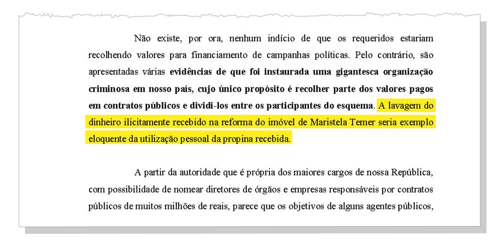 Trecho do inquérito do pedido de prisão de Michel Temer que cita uma das filhas do presidente, Maristela — Foto: Reprodução