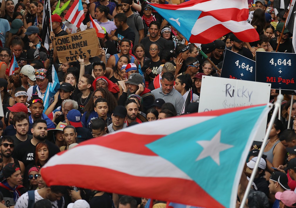 Cena da manifestaÃ§Ã£o contra o governador de Porto Rico, Ricardo Rossello â€” Foto: Joe Raedle/AFP