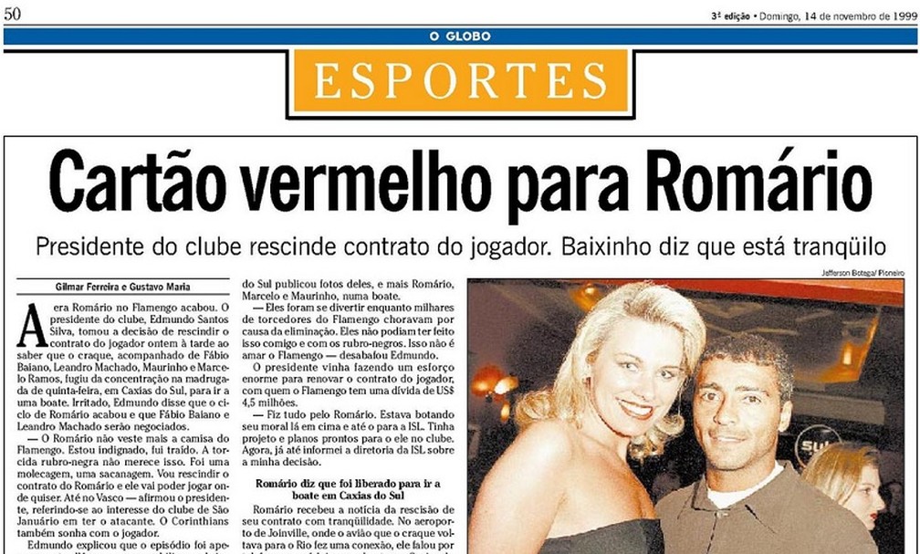 Foto de Romário na noitada em Caxias do Sul no jornal "O Globo" de 14/11/99 — Foto: Reprodução / Jornal O Globo