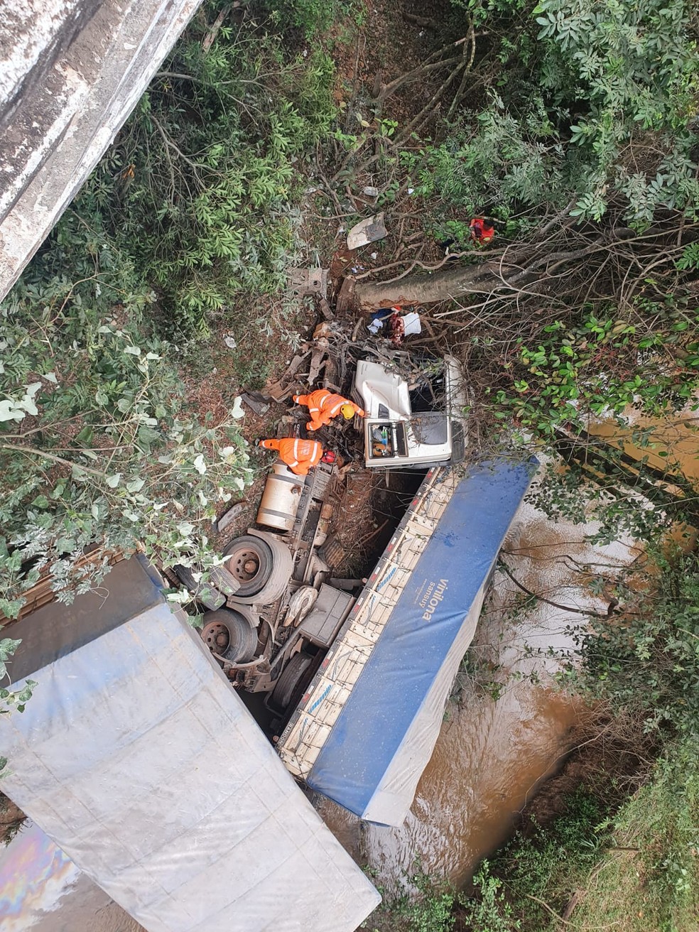 Condutor perdeu o controle da carreta e caiu na ponta com 15 metros de profundidade  — Foto: Corpo de Bombeiros/Divulgação 