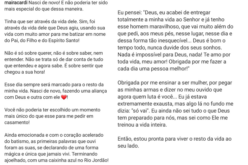 Veja relato de Maíra Cardi sobre noivado e batismo no Rio Jordão compartilhado nas redes sociais  — Foto: Instagram