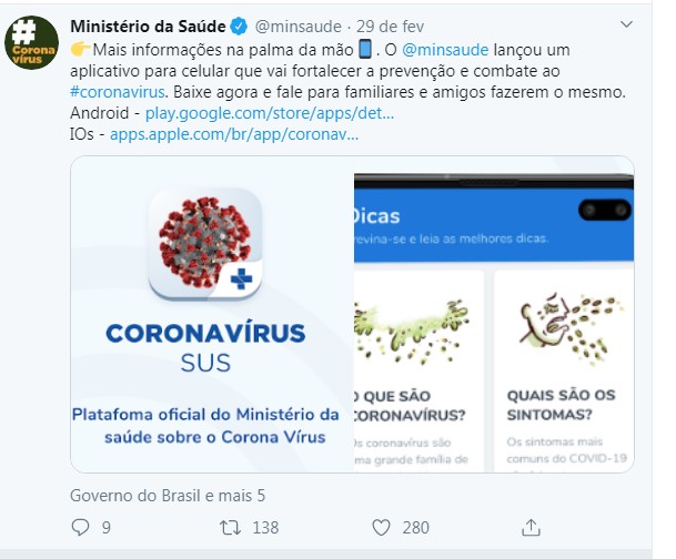 Tweet do Ministério da Saúde anunciando app (Foto: Arquivo Pessoal)