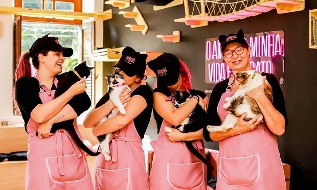 Giovanna(à esquerda) e as funcionárias do Gato Café (Foto: Divulgação)