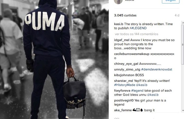 "A história já está escrita. É hora de publicá-la", escreveu Kasi no Instagram. No clique, Bolt surge de costas, no que parece ser um saguão de aeroporto (Foto: Instagram/Reprodução)