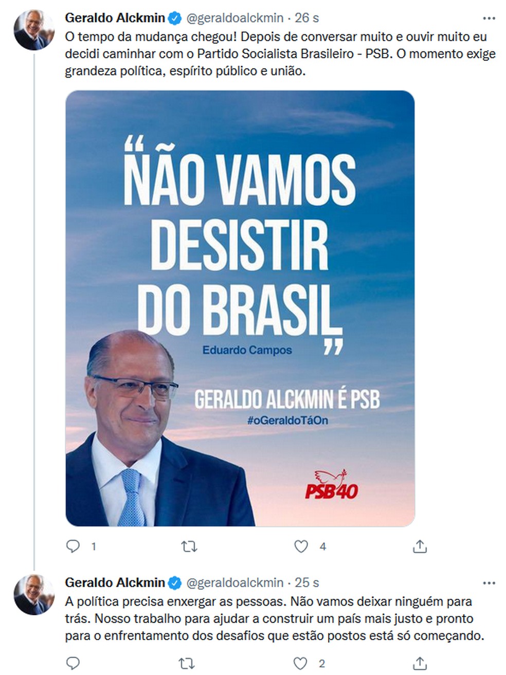 Publicação feita por Geraldo Alckmin em seu perfil no Twitter nesta sexta (18) — Foto: Reprodução/Redes sociais