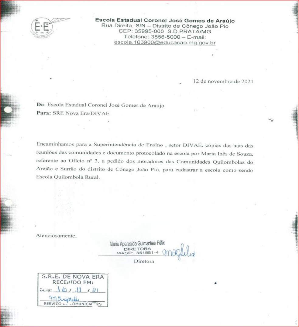 Documento com pedido para que escola seja quilombola — Foto: Reprodução