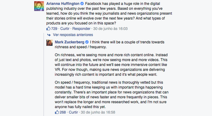 Para Zuckerberg, deve haver organizações de mídia tradicionais lado a lado a modelos mais ágeis de entregar notícia (Foto: Reprodução/Paulo Alves)