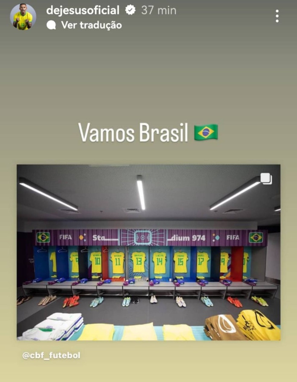 Fora da Seleção, Gabriel Jesus deseja boa sorte em jogo de Brasil contra Coreia do Sul — Foto: Reprodução/Instagram